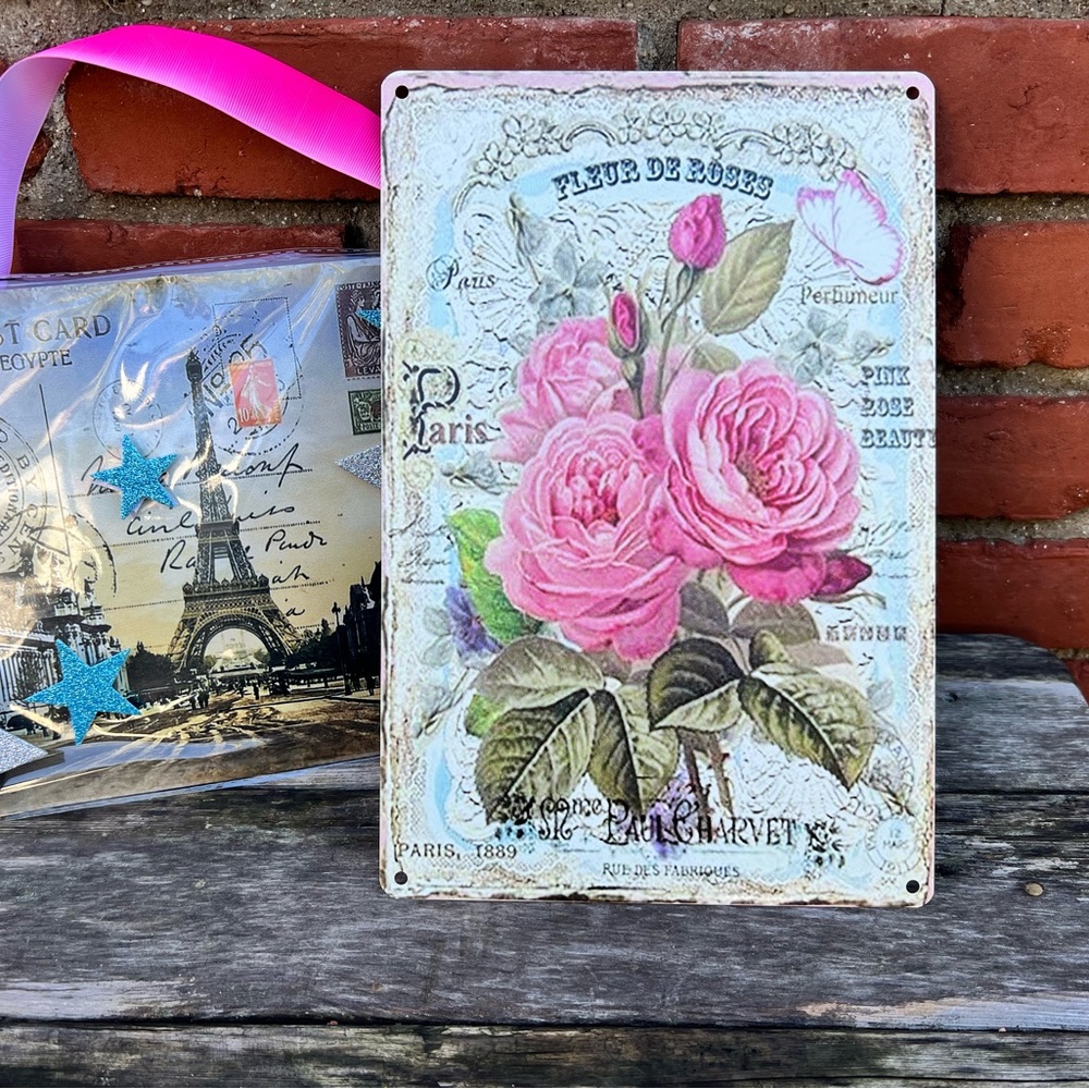 Vintage Style Pink Cabbage Rose Decorative Wall Tin NEW - Picture 2 of 3